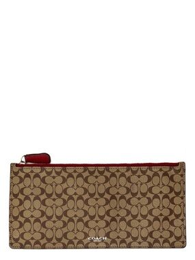 Coach Envelope Wallet Signature Canvas Logo Clutch Brown Tan Red Flat Pouch EUC